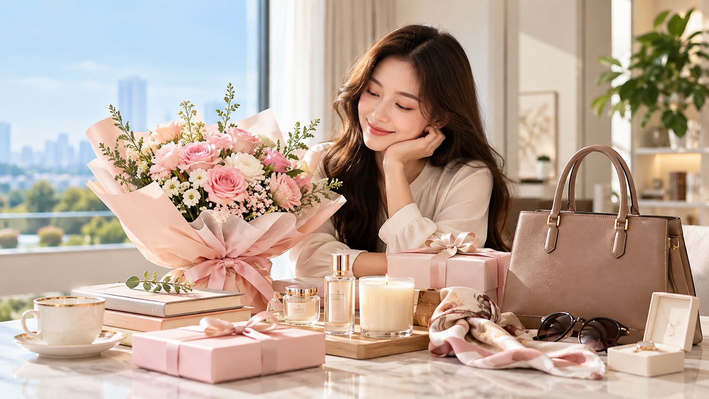 Elegant Celebration Still Life with Flowers and Gifts.png